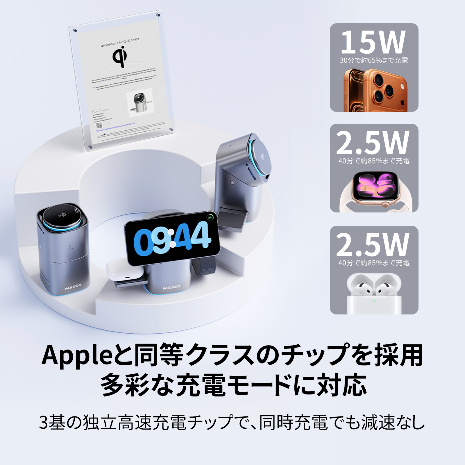 Qi2認証マグネット式ワイヤレス充電器|15W Apple高速充電|3-in-1多機能