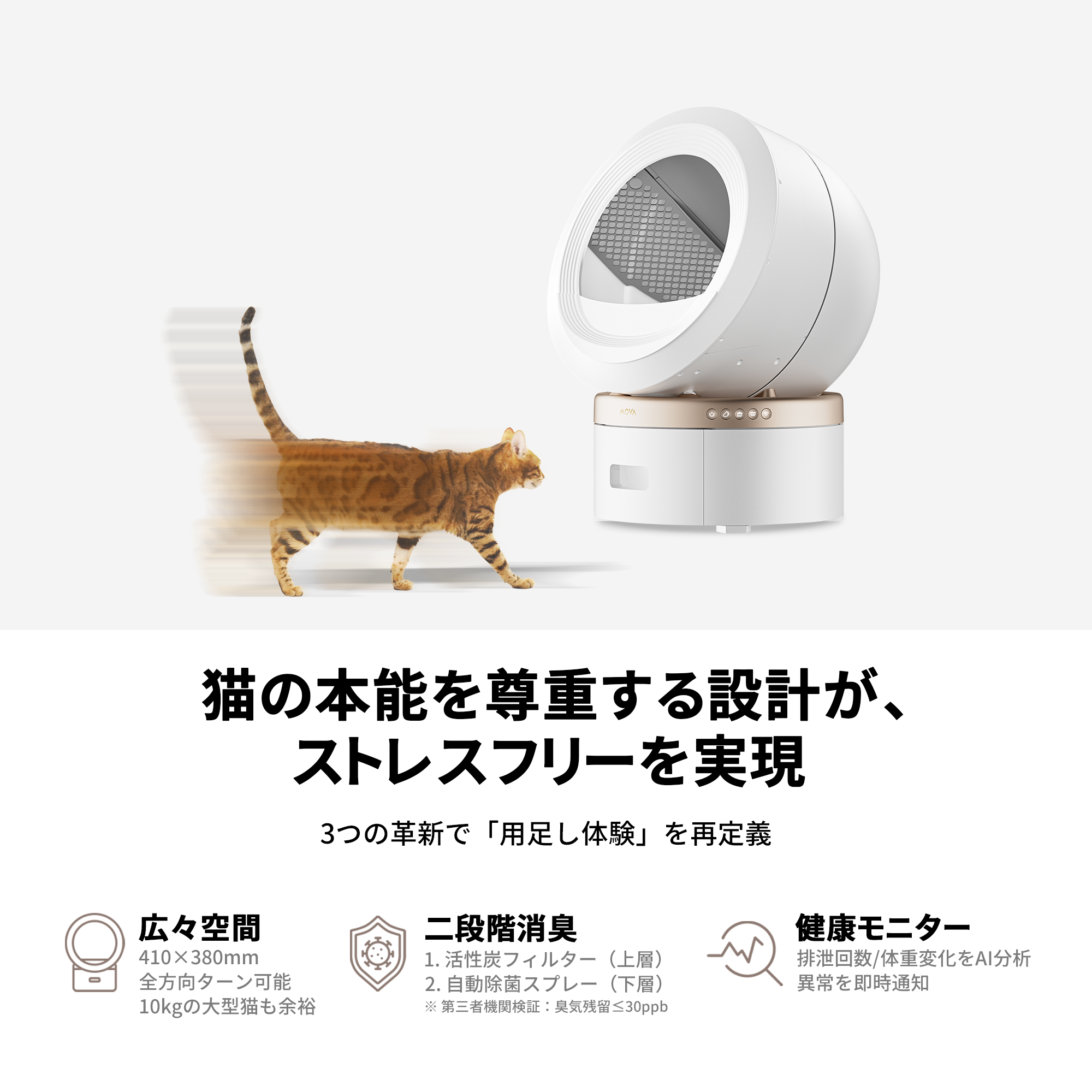 MOVA日本初上陸!スマート消臭猫トイレ 15日間お手入れ不要・二段階消臭システム採用