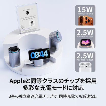 Qi2認証マグネット式ワイヤレス充電器｜15W Apple高速充電｜3-in-1多機能