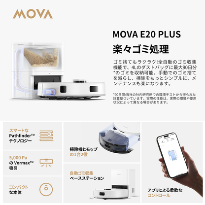 MOVA E20 Plus ロボット掃除機 コンパクト 水拭き対応 強力吸引 5000Pa 90日間自動ゴミ収集